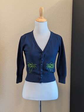 Collectif x ModCloth Navy Palm Tree Embroidered Cardigan XXS